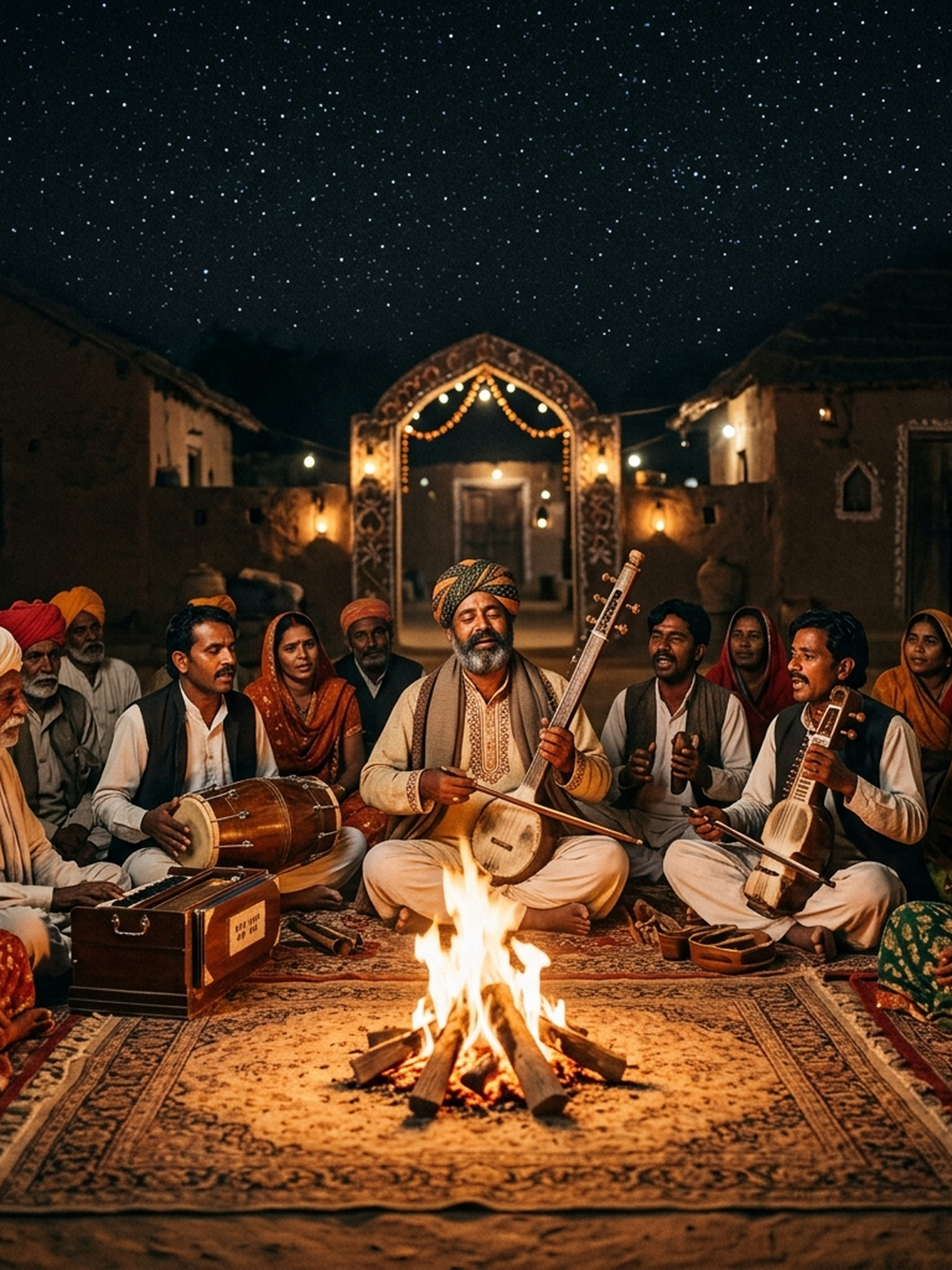 Festival artwork depicting village musicians sharing music around a bonfire.