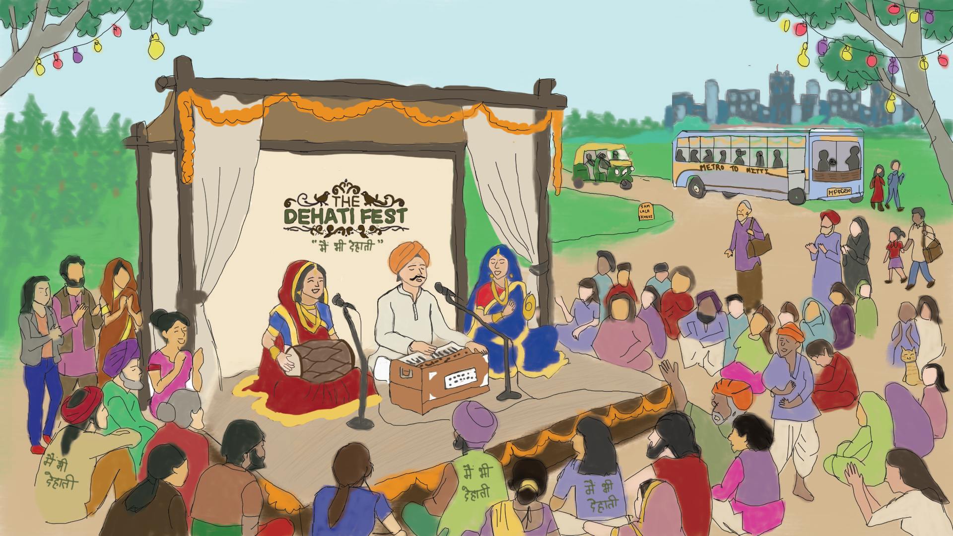 The Dehati Fest artwork showing village musicians performing for a shared rural and urban audience.